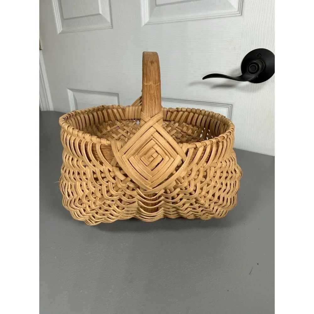 Buttocks Basket God's Eye Hand Woven Vintage Splint w Oak Handle Primitive Butt